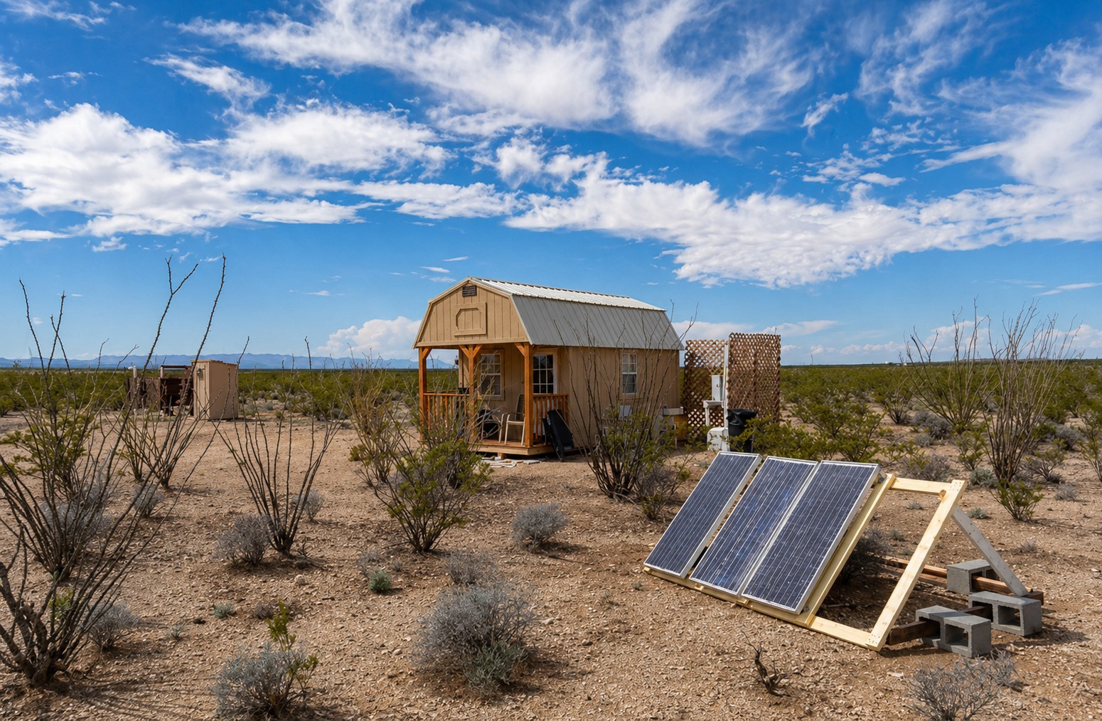 Small Texas desert cabin with solar panels and open land.