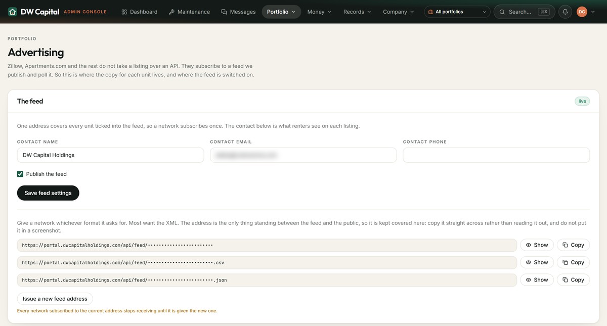 The advertising screen, showing the syndication feed settings with the feed address kept covered
