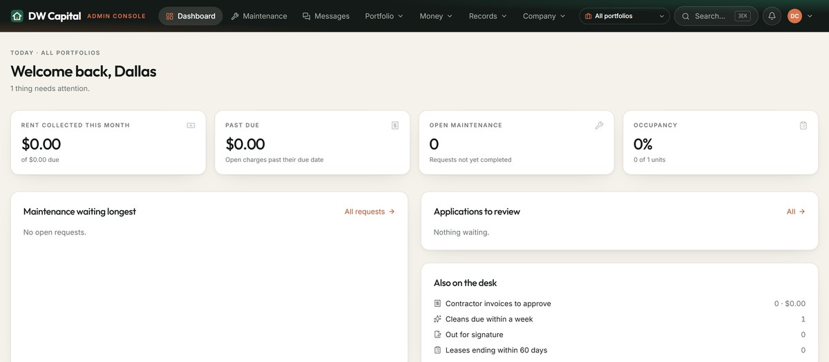 The dashboard of the DW Capital portal, showing rent collected, past due, open maintenance and occupancy