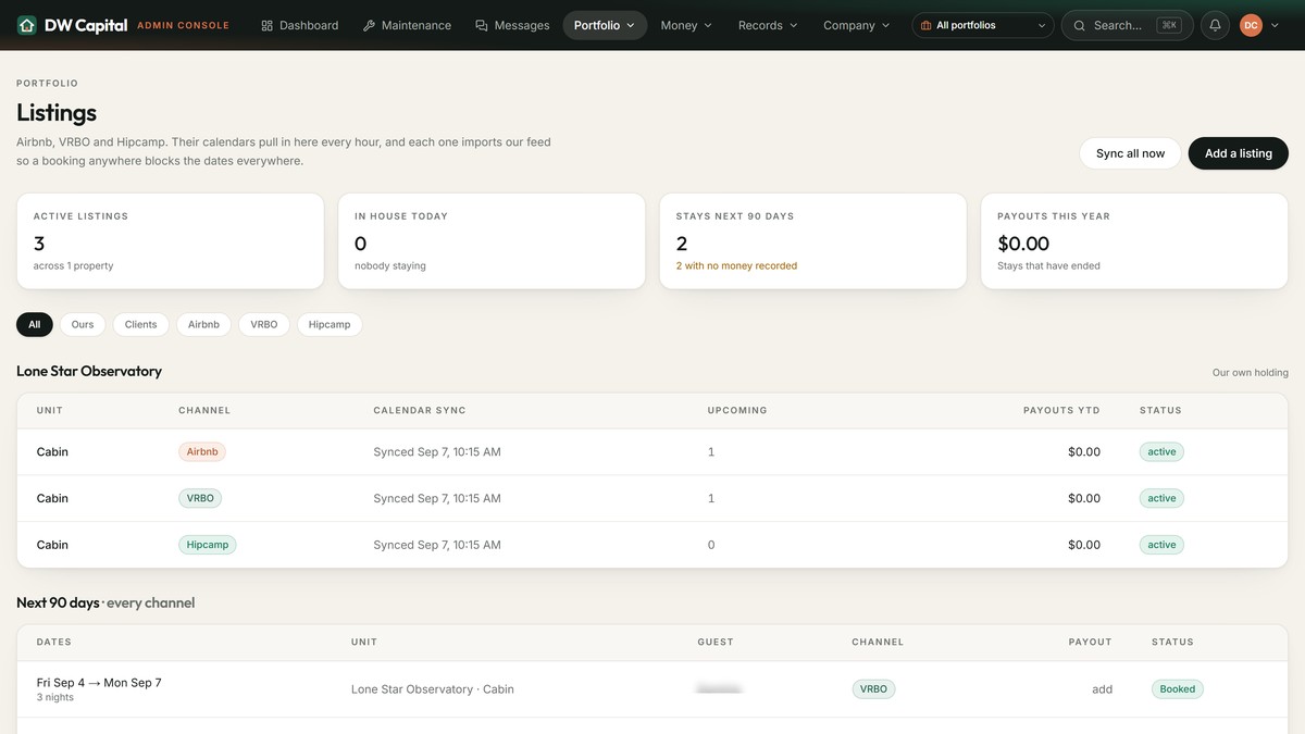 The listings screen of the DW Capital portal, showing each unit posted to Airbnb, Vrbo and Hipcamp with the time each calendar last synced