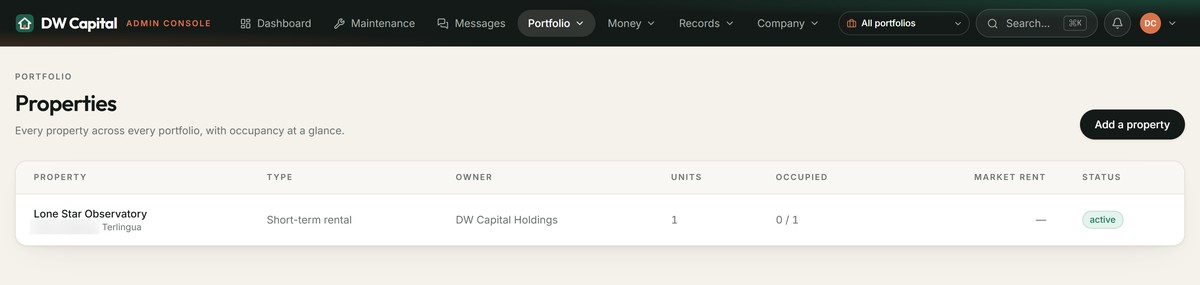 The properties screen, listing each property with its type, owner, units and occupancy