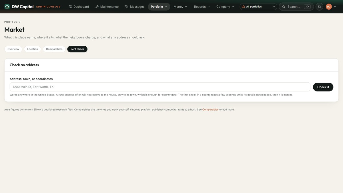 The rent check tool, with an address field and county rent and value figures