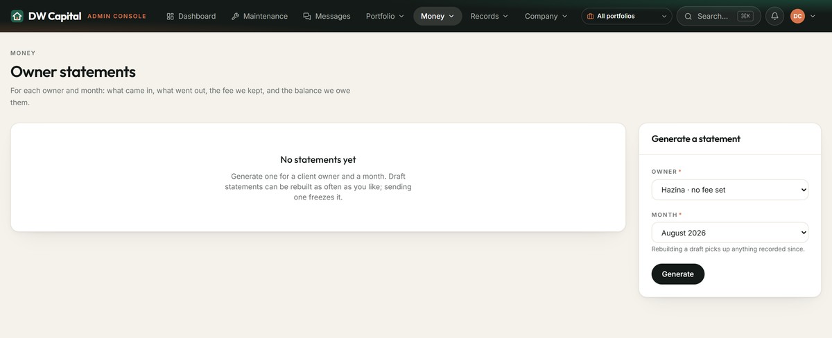 The owner statements screen, with a panel for generating a statement for an owner and a month