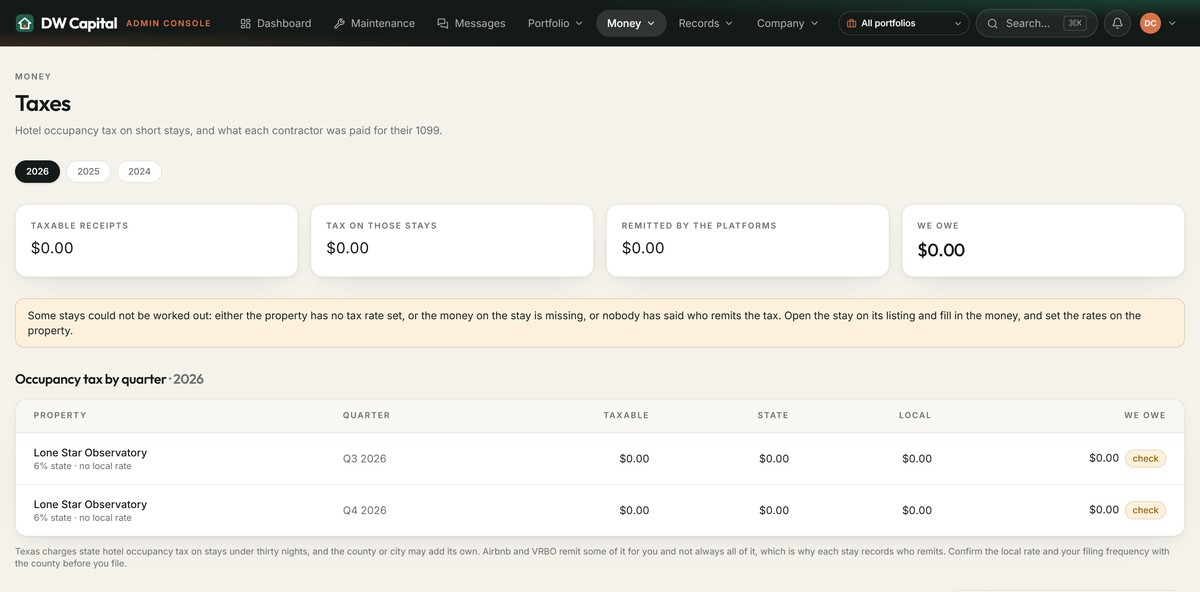 The taxes screen, showing hotel occupancy tax by quarter with the state and local rates for each property