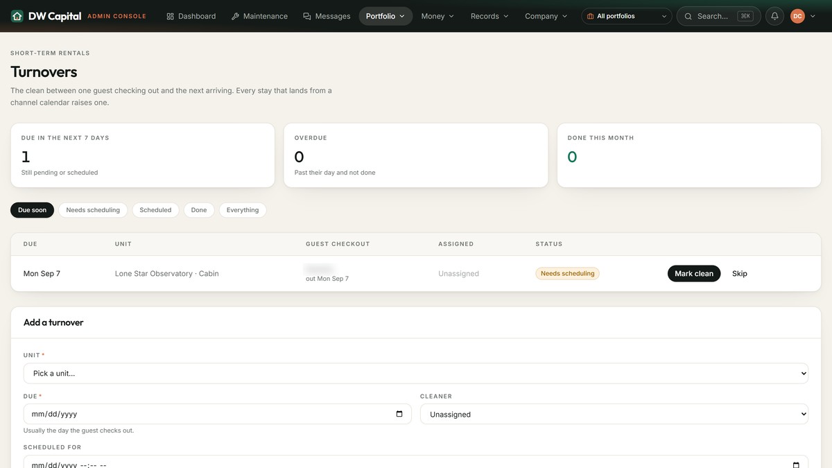 The turnovers screen, showing a clean due between a guest checkout and the next arrival