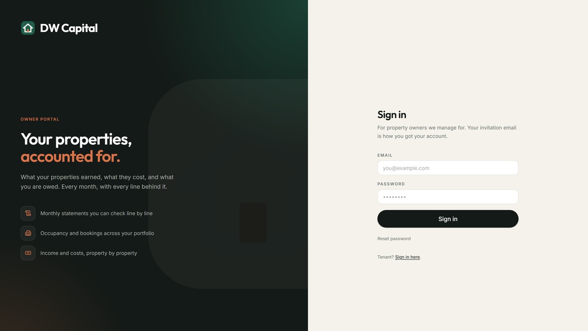 The owner sign-in screen of the DW Capital portal