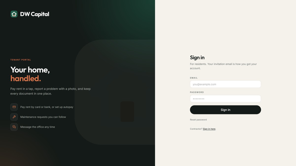 The resident sign-in screen of the DW Capital portal